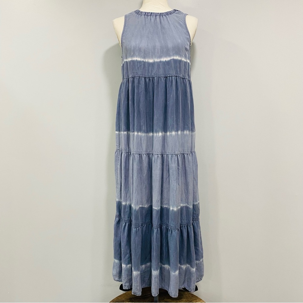 BELLA DAHL XS Blue Sleeveless Tiered Midi Summer Dress Indigo Stripe Watercolor